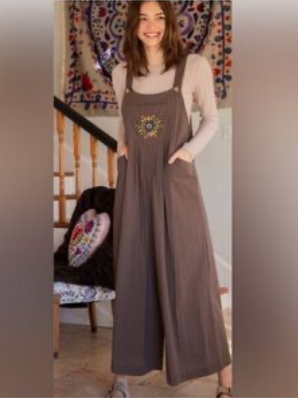 NWT: NATURAL LIFE Carrington Boho Floral Embroidered Wide-Leg Jumpsuit• X-Large